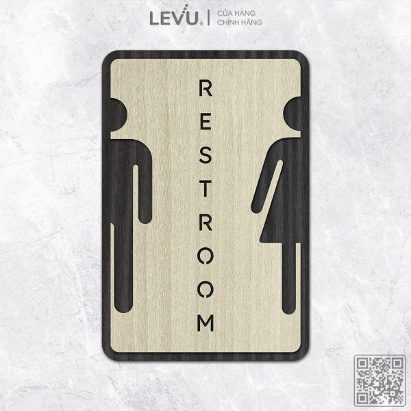 Bảng hiệu gỗ Restroom nghệ thuật dán cửa phòng vệ sinh LEVU-TL36