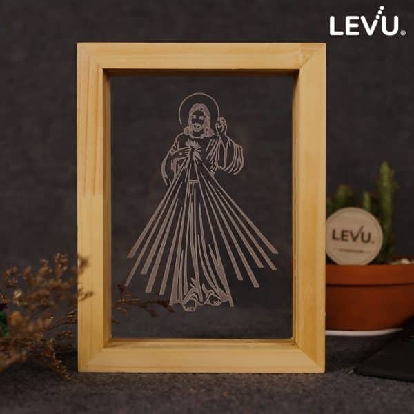 Khung tranh gỗ để bàn đèn LED khắc laser 3D hình ảnh Chúa Giêsu LEVU-DCG13