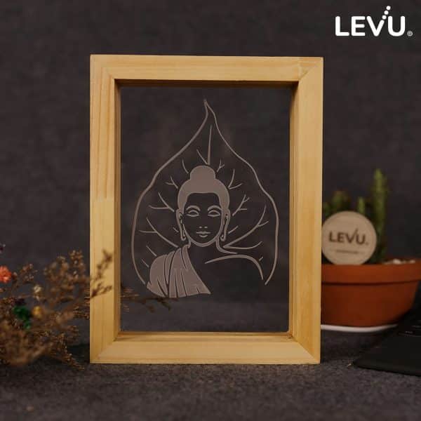 Tranh gỗ để bàn đèn LED khắc hình ảnh Phật trên lá Bồ Đề tỉnh thức LEVU-DPG02