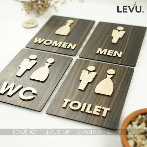 Bảng WC Men Women trang trí bằng gỗ chữ nổi 3D có sẵn keo dán tường khu vực cửa nhà vệ sinh LEVU TL41