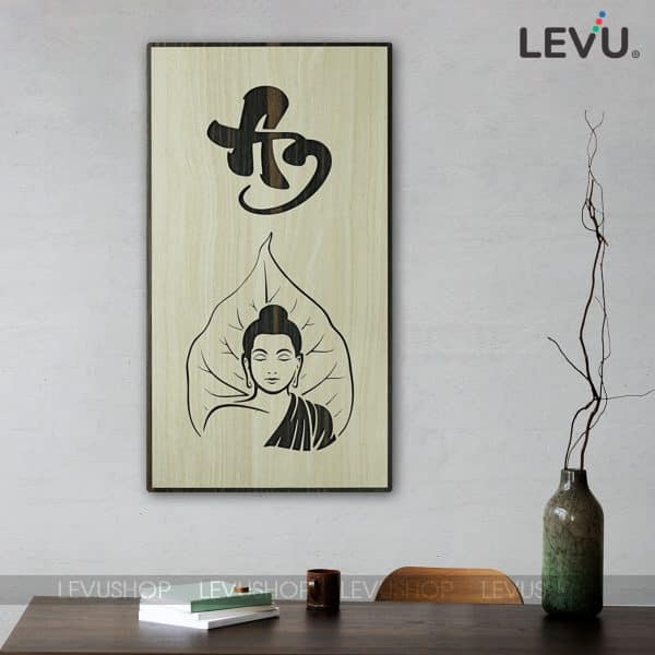 Tranh treo tường gỗ chữ An thư pháp hình Phật trên chiếc lá Bồ Đề LEVU-PG03