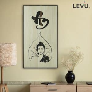 Tranh treo tường gỗ chữ An thư pháp hình Phật trên chiếc lá Bồ Đề LEVU-PG03