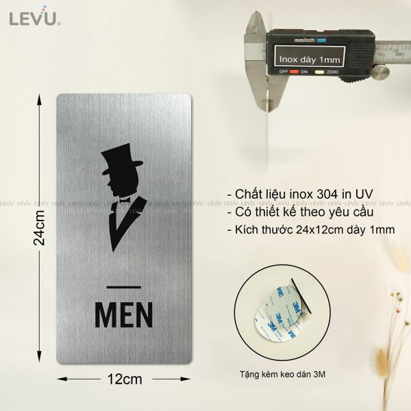 Bảng hiệu toilet men women inox LEVU INL34 dán cửa decor phòng vệ sinh nam nữ 12x24cm