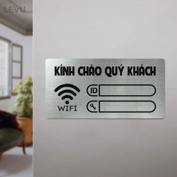 Bảng hiệu wifi LEVU INW02 dán tường trang trí quán chất liệu inox in UV 12x24cm