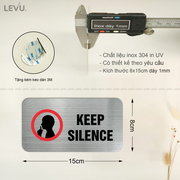 Bảng keep silence (vui lòng giữ im lặng) LEVU IN11 trang trí nhà cửa inox in UV 8x15cm