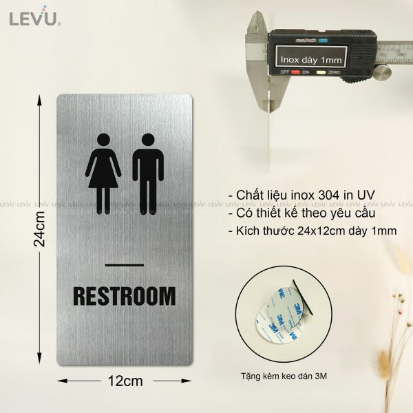 Bảng restroom LEVU INL15R dán cửa decor phòng vệ sinh wc chất liệu inox in UV 12x24cm