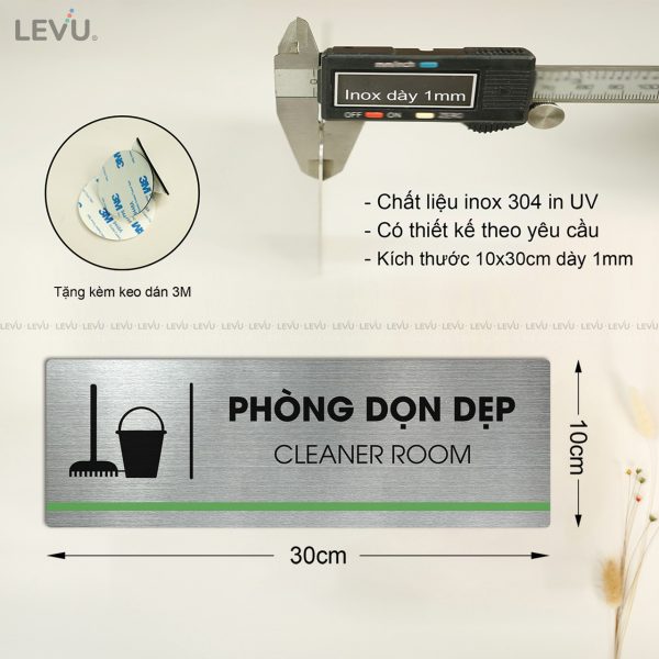 Bảng tên phòng dọn dẹp LEVU INB08 dán cửa trang trí chất liệu inox in UV 10x30cm
