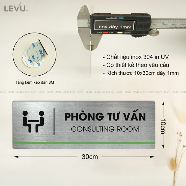 Bảng tên phòng tư vấn LEVU INB21 dán cửa trang trí chất liệu inox in UV 10x30cm