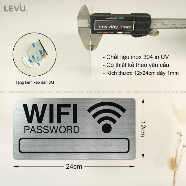 Bảng tên wifi LEVU INW01 dán tường trang trí quán chất liệu inox in UV 12x24cm