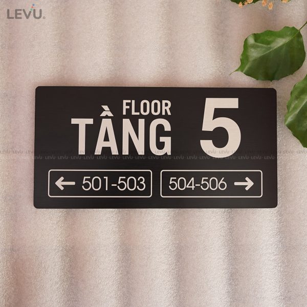 Bảng số tầng nhôm alu đen khắc laser chỉ hướng số phòng LEVU BGST05