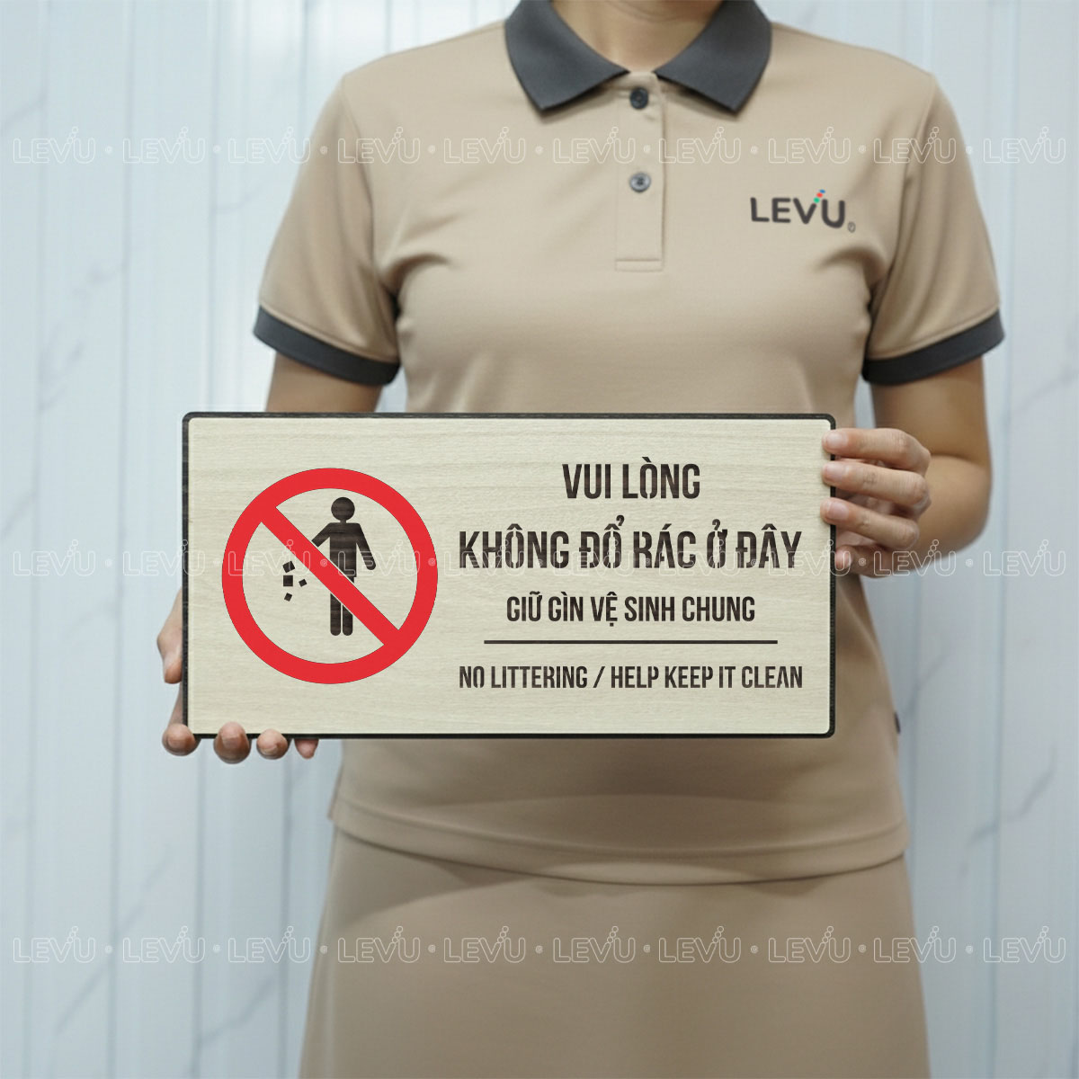 bien bao cam do rac o day vui long giu ve sinh chung levu bg85 6 Biển báo cấm đổ rác ở đây, vui lòng giữ vệ sinh chung LEVU BG85 chất liệu gỗ khắc laser size lớn 15x30cm