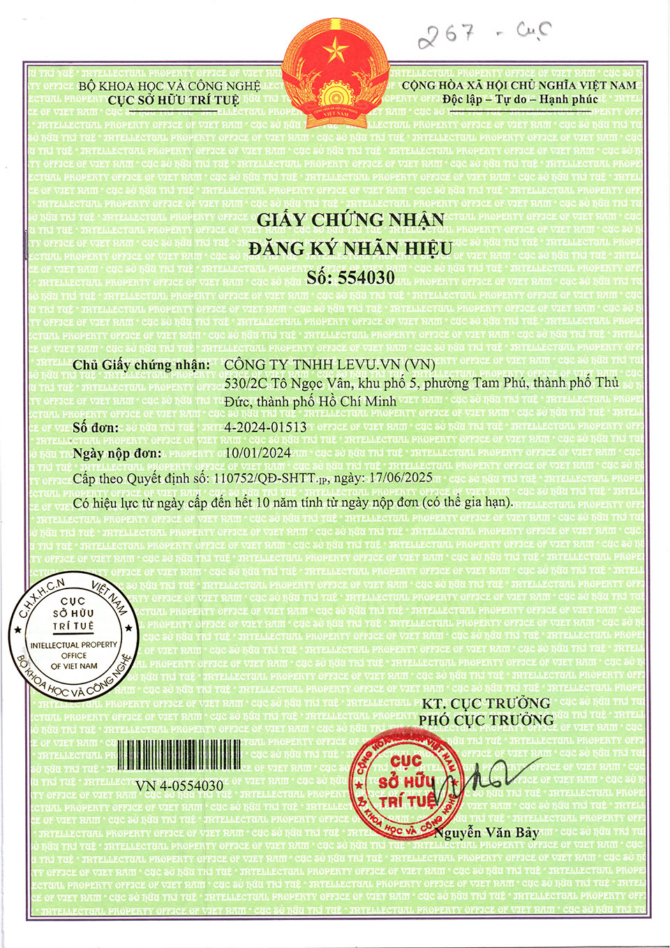 so huu tri tue levu Giấy chứng nhận đăng ký sở hữu trí tuệ thương hiệu LEVU