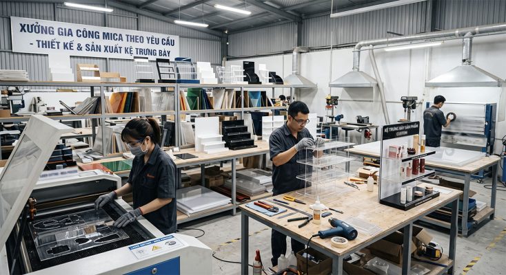 Xưởng gia công kệ mica trưng bày sản phẩm theo yêu cầu uy tín tại Tphcm Levushop