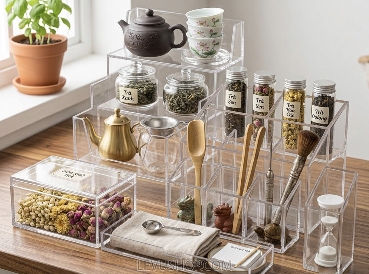xuong gia cong ke mica trung bay san pham theo yeu cau uy tin tai tphcm levushop 16 Chiếc kệ mica lắp ghép 3 tầng xếp chồng để đựng đồ dùng gia vị trong nhà bếp