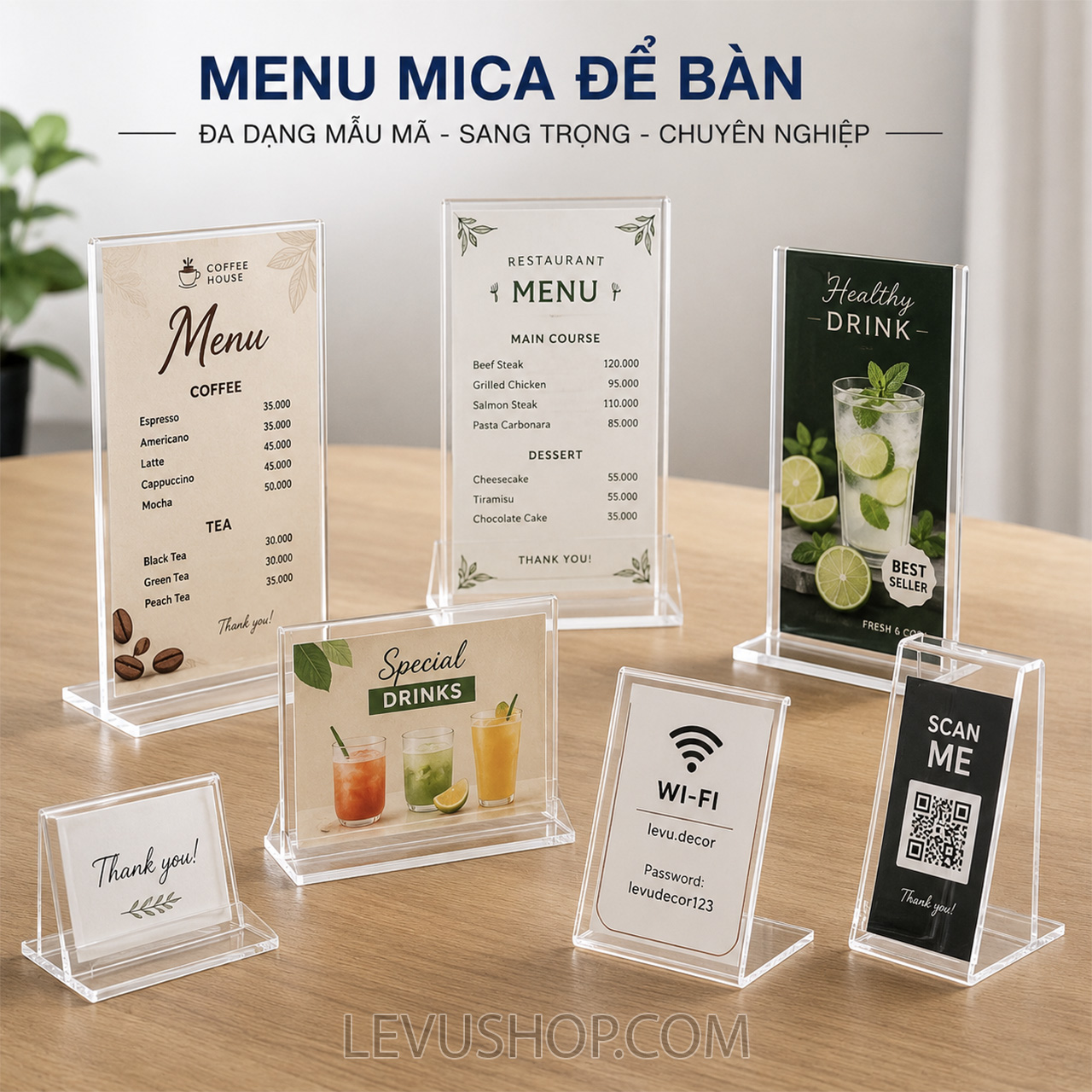 xuong san xuat bang menu mica de ban theo yeu cau tai tphcm levushop 1 Xưởng sản xuất bảng menu mica để bàn theo yêu cầu tại TpHCM Levushop
